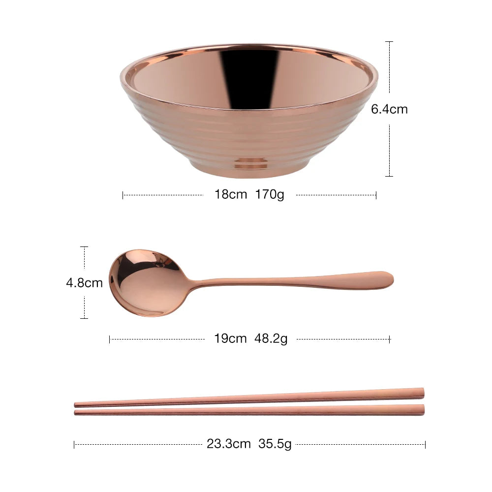 Glam Stainless Steel Insulated Colorful Rose Gold Noodle Bowl With Matching Rose Gold Spoon And Rose Gold Chopsticks Set