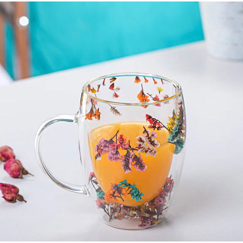 Glass Cup With Orange Juice Vibrant Flowers That Move Around In Double Wall Glass Mug