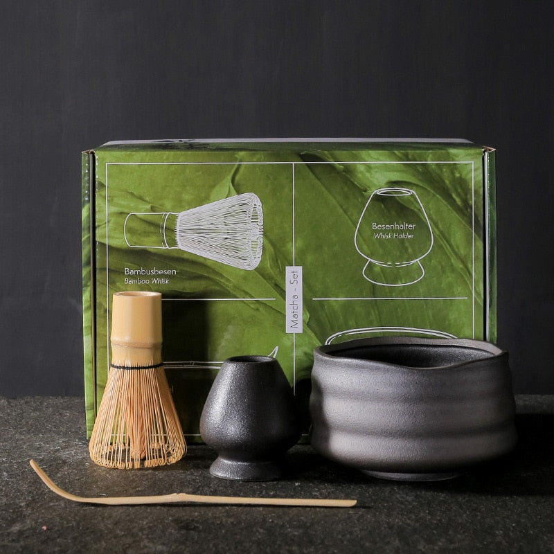 Shale Color Ceramic Matcha Bowl And Bamboo Whisk 4 Piece Luxury Traditional Matcha Tea Tool Gift Set
