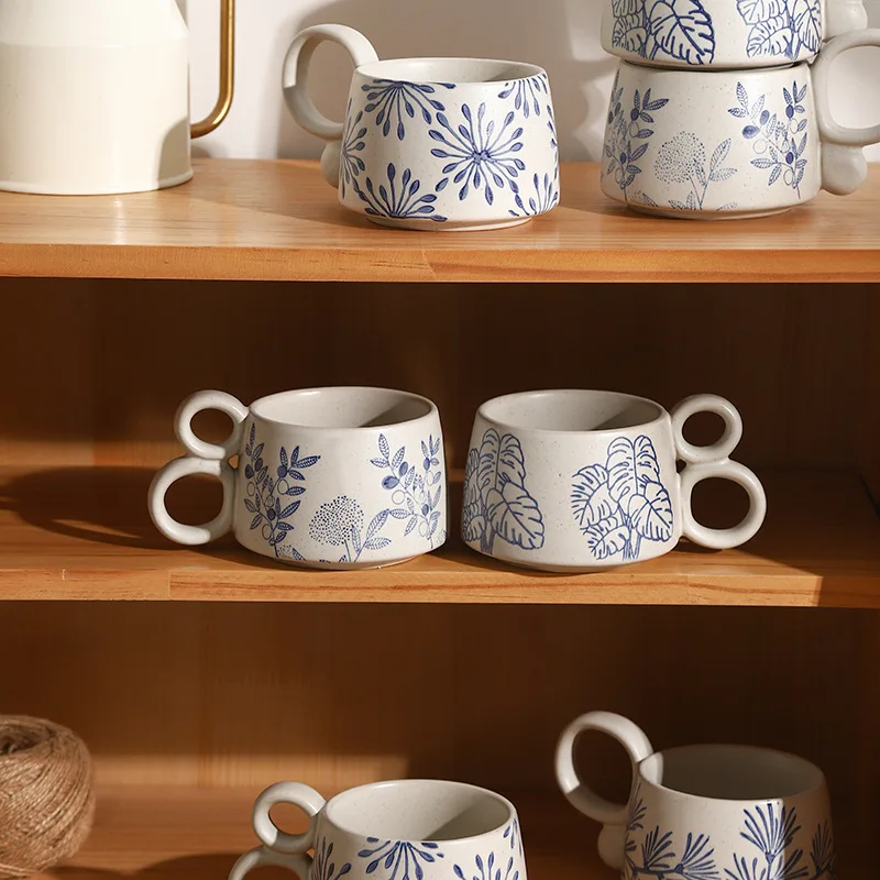 Ceramic Mugs On Open Shelving For Organic Style Home Decor Nature In Blue Ceramic Cups With Loops As Handles