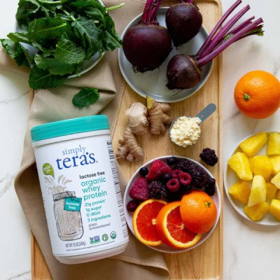 Fresh Vegetables Beets Ginger Citrus Fruits And Berries For Anti Inflammatory Smoothie Recipe Using Simply Teras Unsweetened Lactose Free Plain Whey Powder