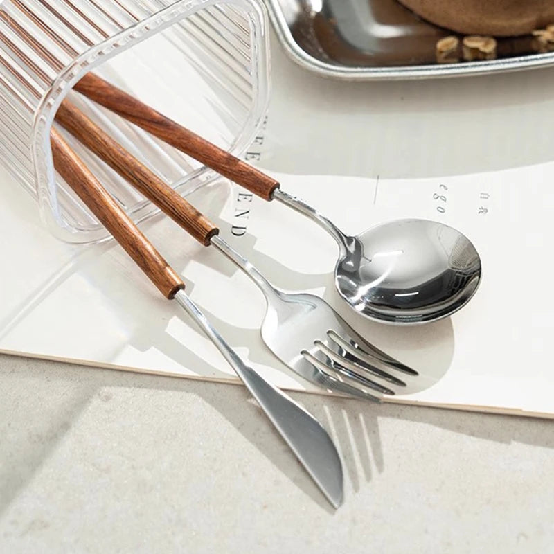 Sleek Silverware Ferme Stainless Steel Flatware With Rose Wood Handles