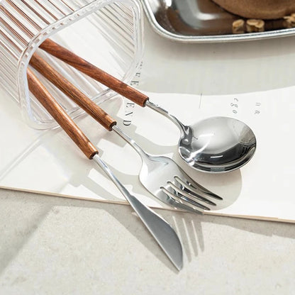 Sleek Silverware Ferme Stainless Steel Flatware With Rose Wood Handles
