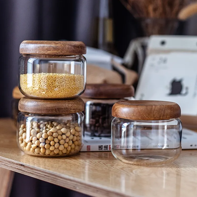 Real Wood And Glass Jars Acacia Wood Lids On Round Glass Storage Jars