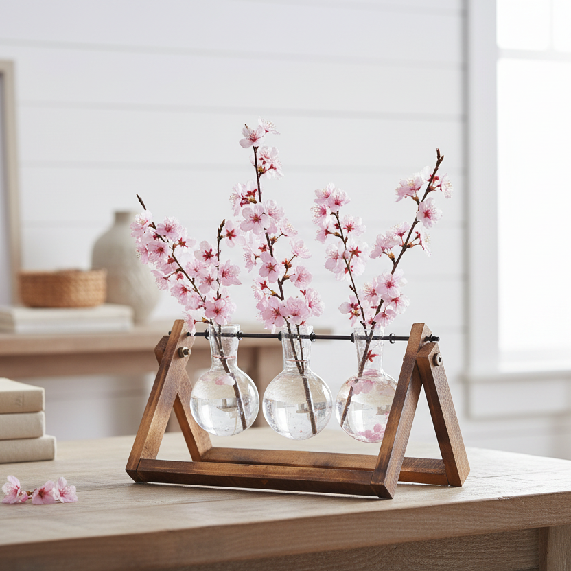 Spring Cherry Blossoms In Hanging Pendulum Glass Vases And Wood Frame Springtime Decor