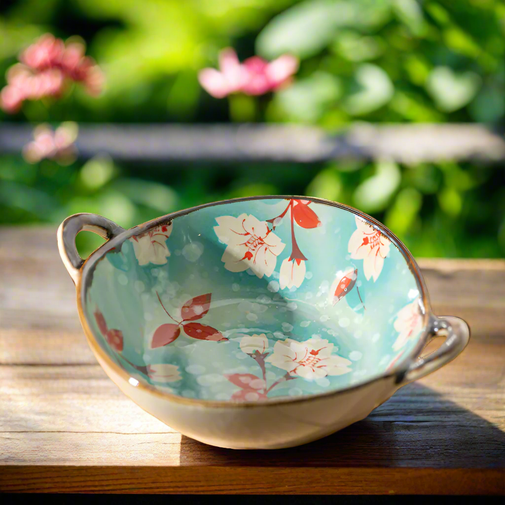 Spring Flowers Farmhouse Style Bowl Colorful Pottery Dish With Handles And Bright Springtime Pattern