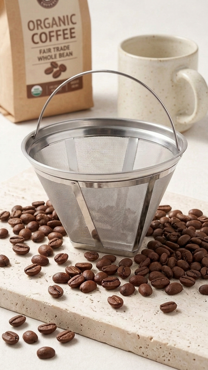 Stainless Steel Coffee Filter Basket For Ground Coffee With Coffee Beans A Coffee Bag and Coffee Mug
