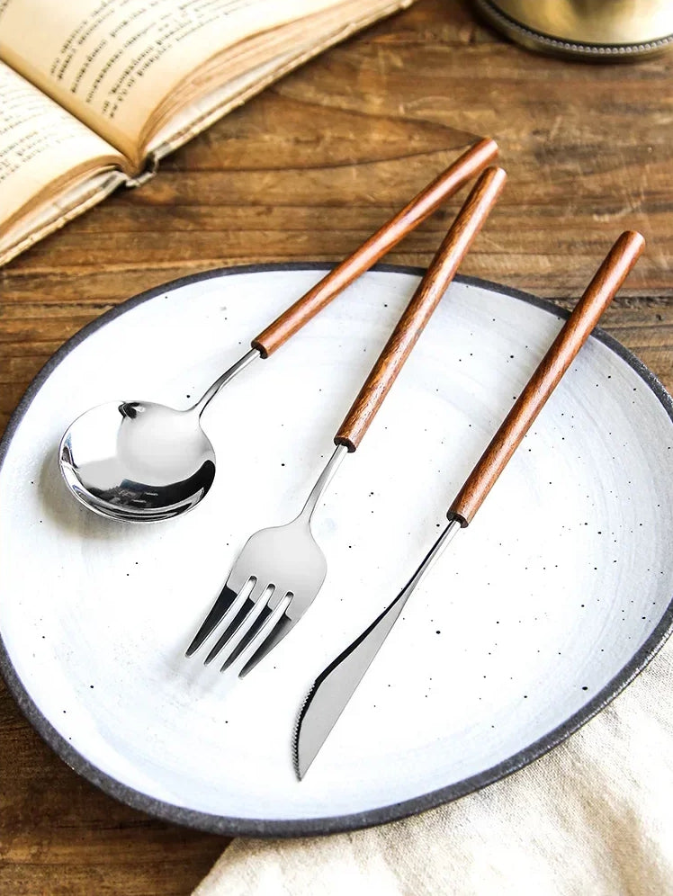 Stylish Dining Utensils Rosewood Handle Stainless Steel Spoon Fork And Knife Flatware Set On Farmhouse Tablescape