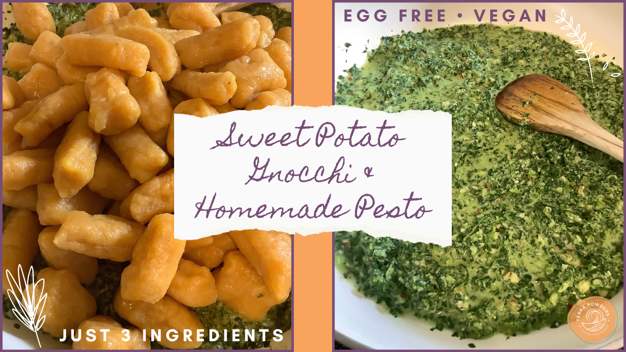 Bring in Autumn with a delicious rustic sweet potato gnocchi that is egg free and full of nutrition. Plus a super homemade pesto sauce recipe that's an easy to make dinner addition.