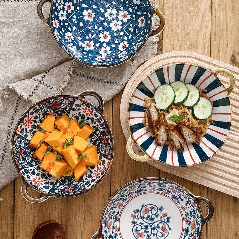 Tablescape Set With Healthy Food In Oriental Style Farmhouse Bowls With Handles