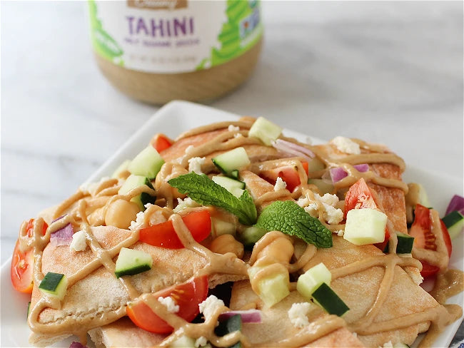 Fresh Healthy Food Topped With Once Again Tahini Dipping Sauce Recipe Made With Unsweetened Non-GMO Sesame Seed Butter