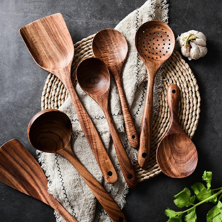 Teak Wood Kitchen Utensils Wooden Spoons Spatula Turners And Ladle With Real Food Ingredients