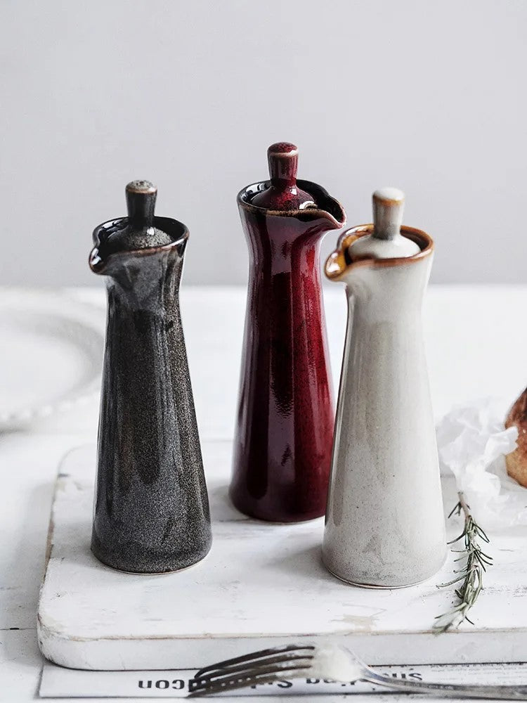 Farmhouse Tablescape With 3 Terrace Cruets Ceramic Pottery Bottles In Carob Merlot And Biscuit Colors For Serving Oil Vinegar And Other Liquid Condiments And Salad Dressings