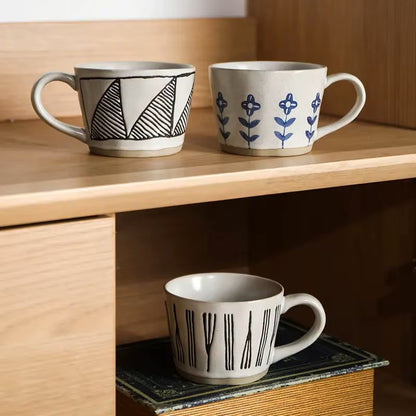 Three Craft Style Ceramic Mugs On Shelf Rustic Pottery