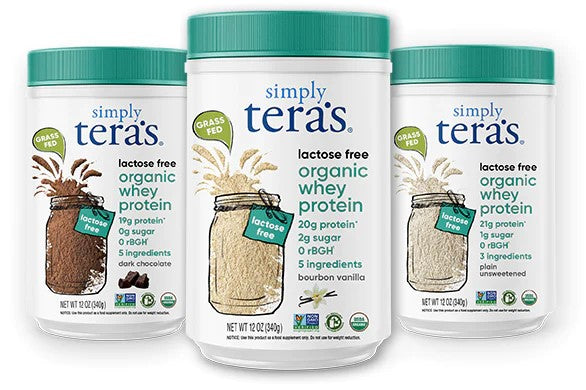 Grass Fed Simply Tera's Lactose Free Organic Whey Protein Powder In Dark Chocolate Bourbon Vanilla And Plain Unsweetened Flavors