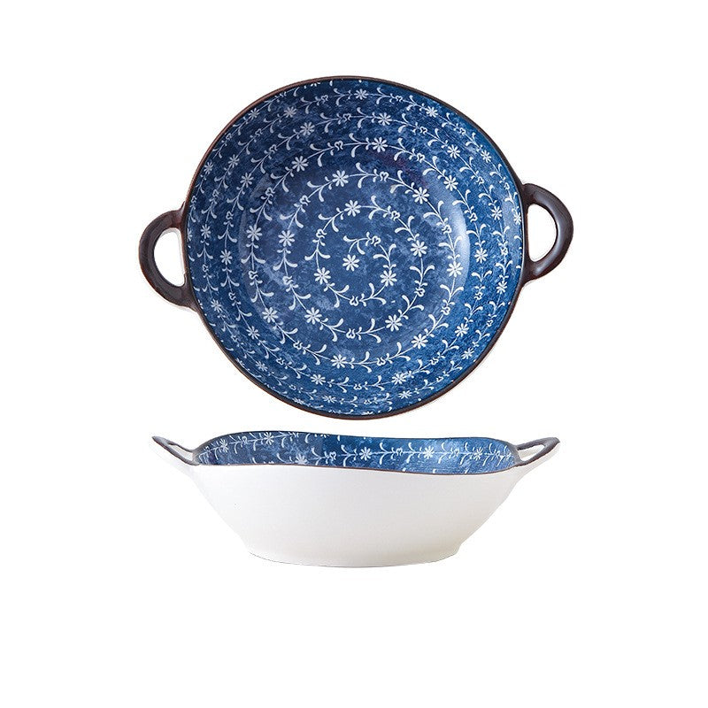 Farmhouse Mediterranean Style Twirling Blue Irregular Shaped Ceramic Bowl With Handles
