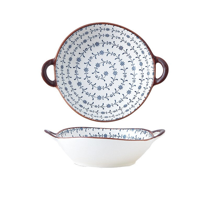 Farmhouse Mediterranean Style Twirling White Irregular Shaped Ceramic Bowl With Handles
