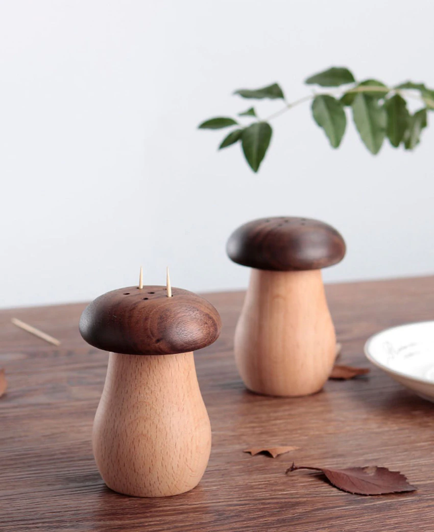 Two Tone Wood Walnut And Beechwood Fall Table Decor Mushroom Shaped Toothpick Holders