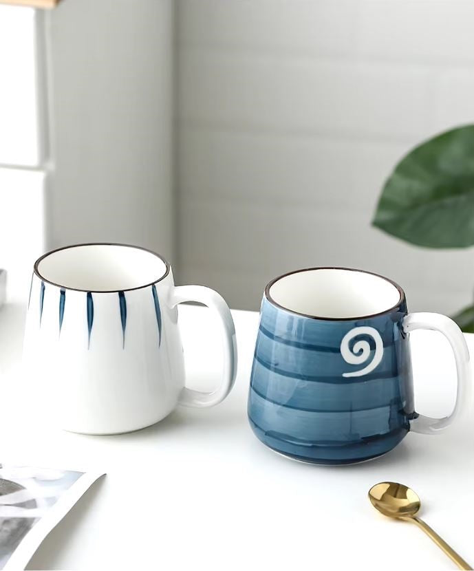 Two Mugs In White And Blue Nautical Beach House Style Patterns