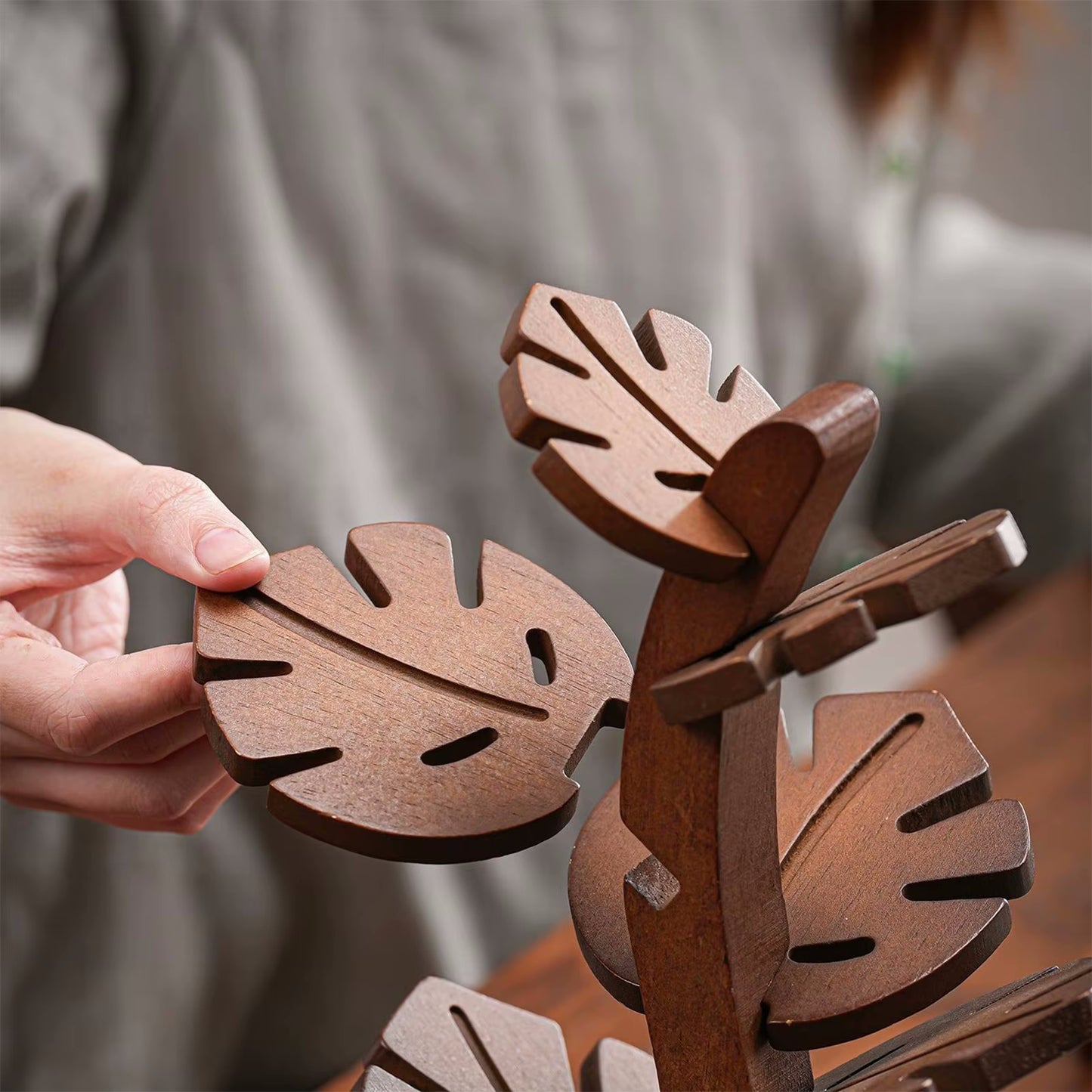 Wood Leaf Shaped Drink Coaster Tree