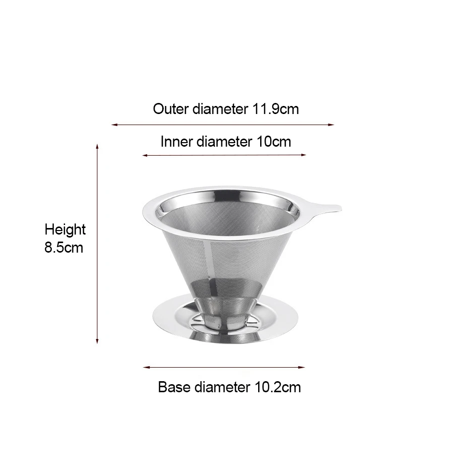 Medium Size Stainless Steel Reusable Pour Over Cone Coffee Filter Basket With Base