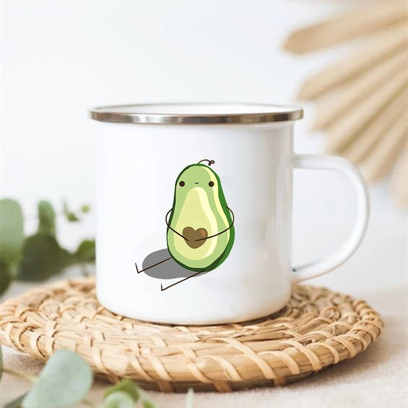 Contentacdo Adorable Avocado Stainless Steel Enamel Camp Mug With Sitting Avocado Holding Heart Shaped Pit