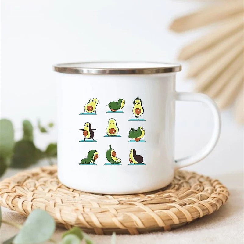 Yogacadoes Adorable Avocado Stainless Steel Enamel Camp Mug Avocadoes Doing A Variety Of Yoga Poses And Pilates Exercises
