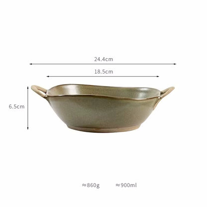 Variant Image Pesto Color Farmhouse Villa Style Irregular Shaped Ceramic Bowl With Handles Sizes