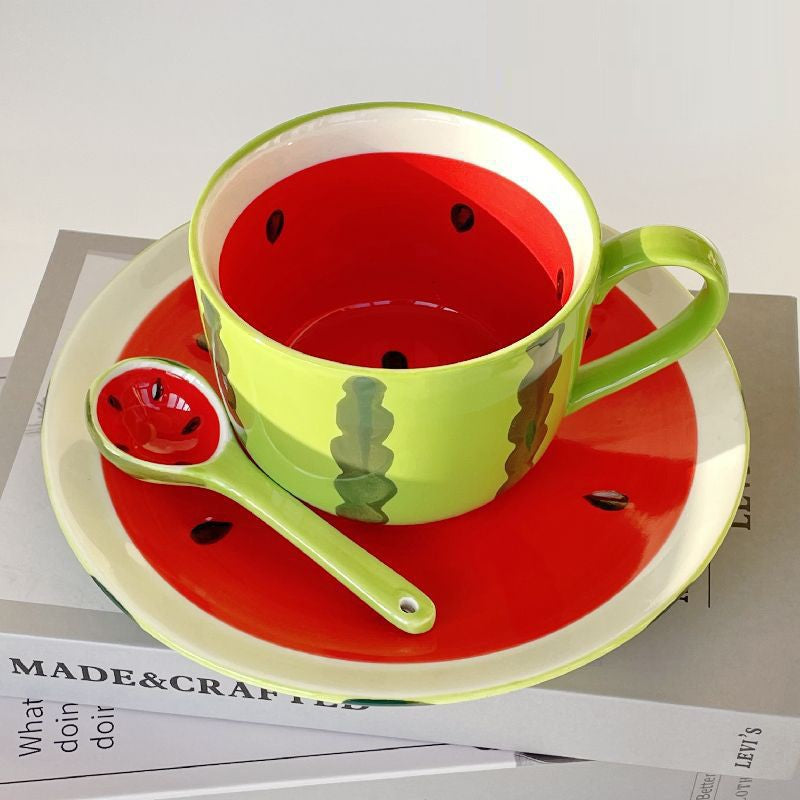 Summer Fruit Style Ceramic Watermelon Mug With Matching Spoon & Plate Set