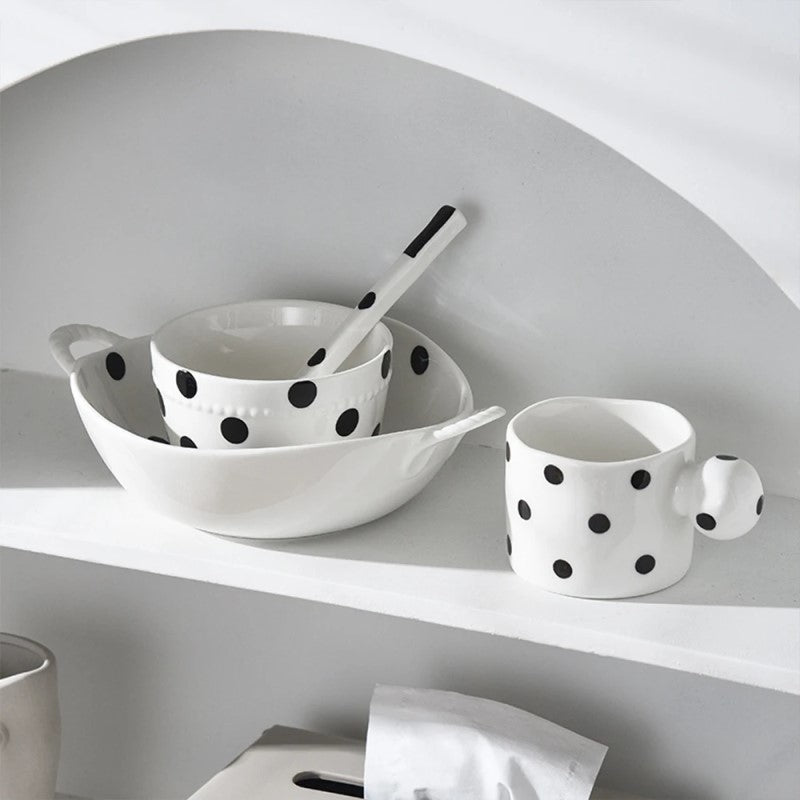 Chic Farmhouse Style Polka Dots Ceramic Dinnerware Dishes On Open Shelving