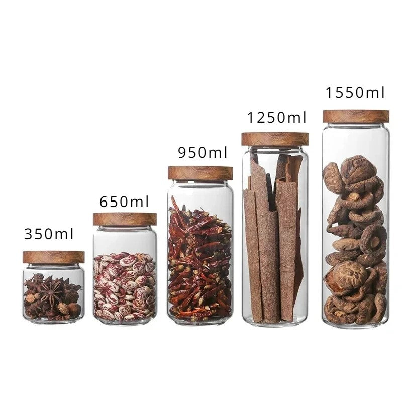 Set Of 5 Different Size Wilderness Collection Acacia Wood & Glass Sealable Food Storage Jars