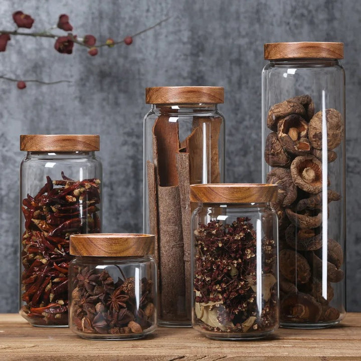 Wilderness Collection Home Decor For Food Storage Glass Jars Of Various Sizes With Real Wood Lids