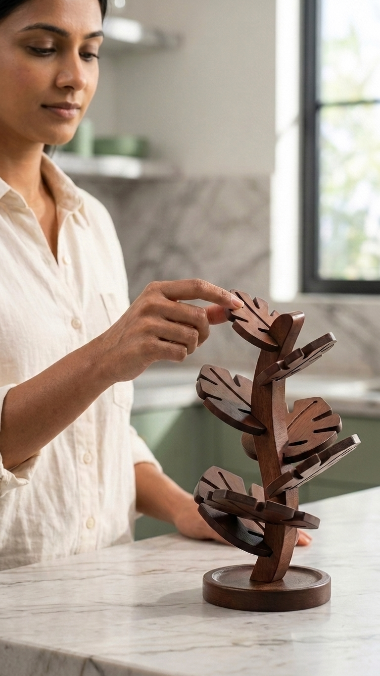 Wood Leaf Shaped Drink Coaster Tree