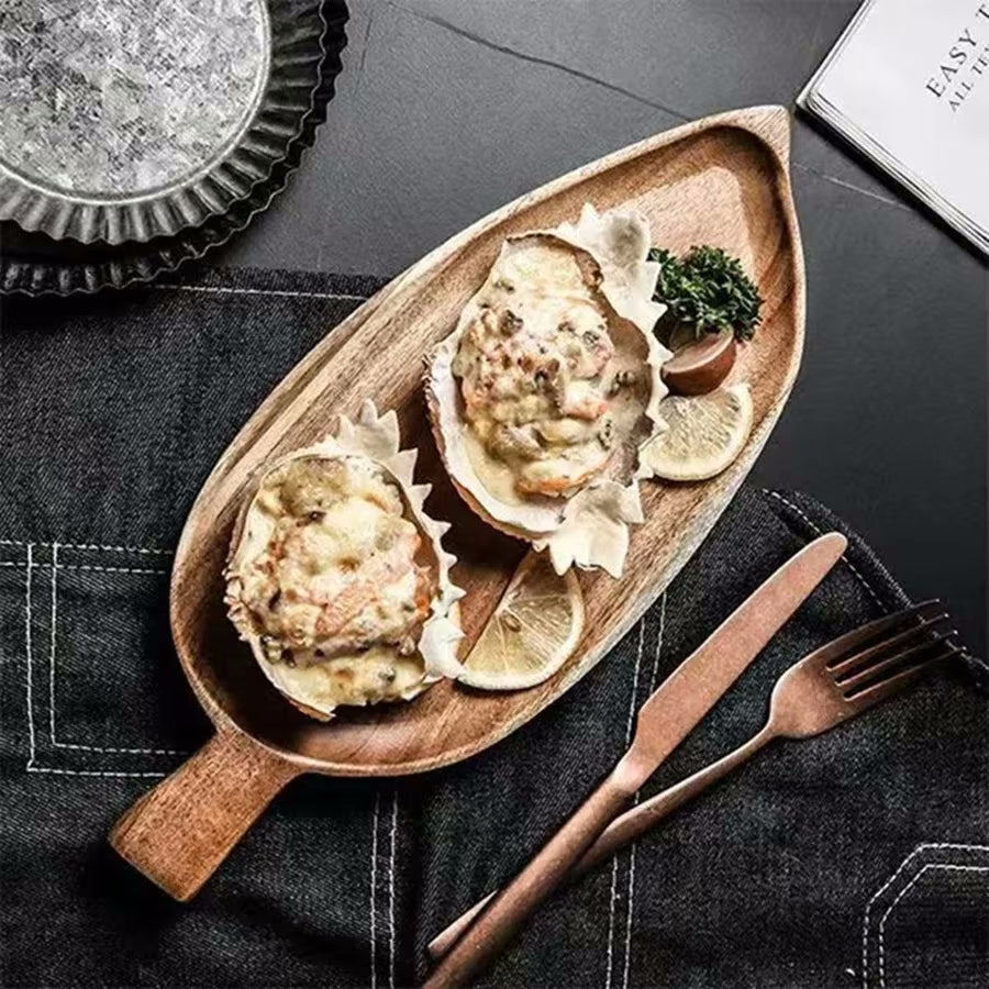 Wood Plate Shaped Like Leaf Acacia Serving Tray For Tablescapes