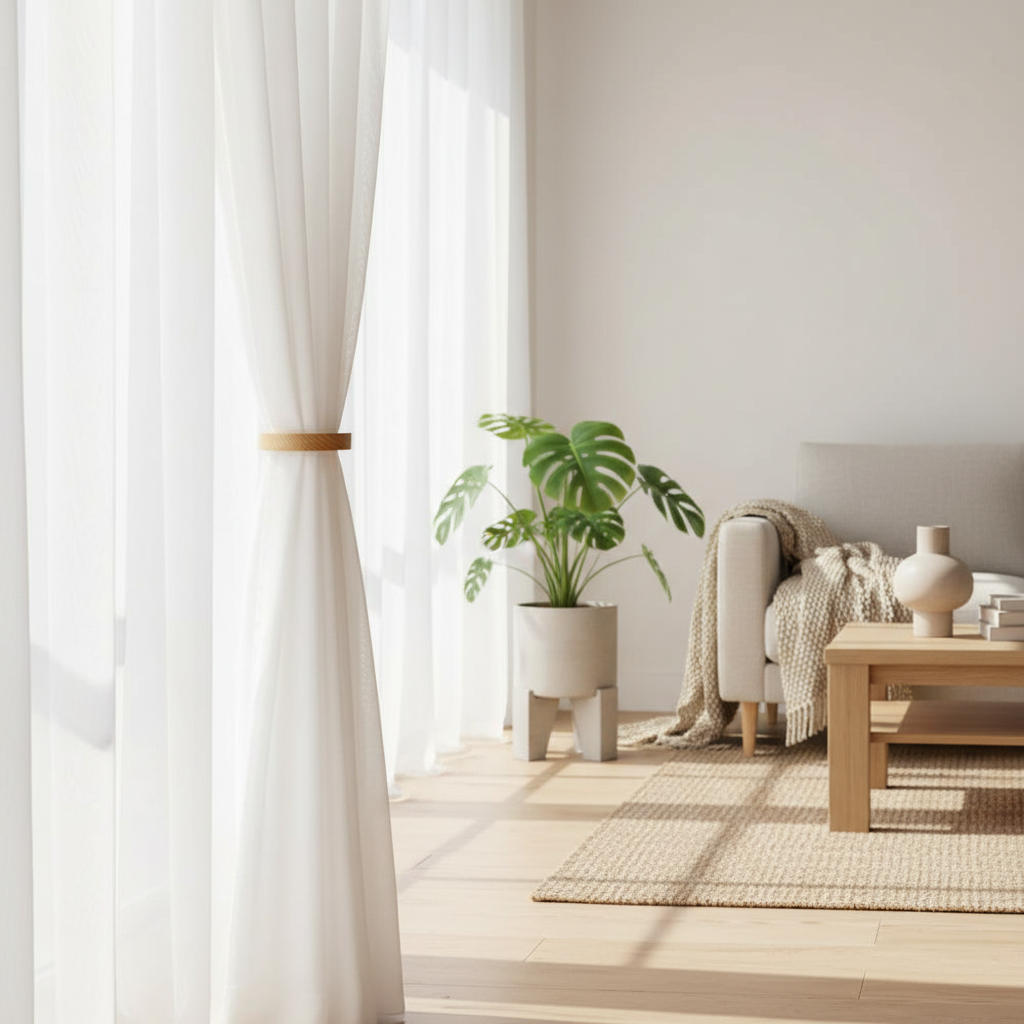 Modern Living Room With Organic Decor And Wooden Curtain Holder Magnetic Ring