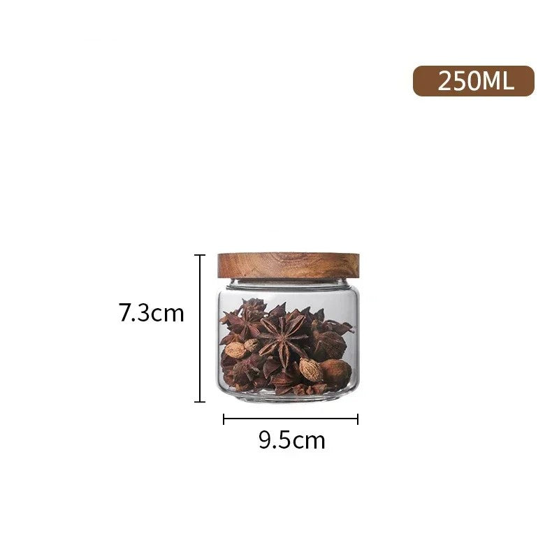 XS Size Measurements Of Wilderness Collection Acacia Wood & Glass Sealable Food Storage Jar 250ml