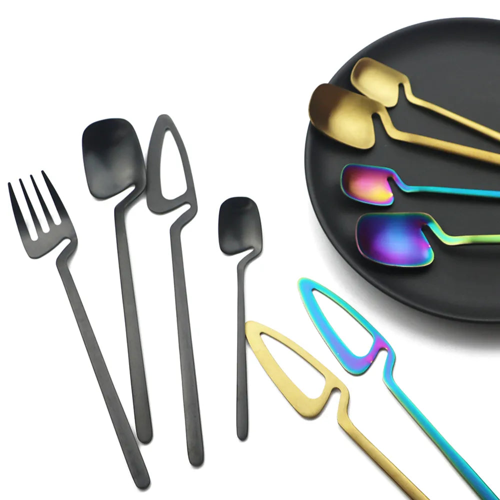 Chic And Stylish Silverware In Black Rainbow Iridescent And Gold Colors Surreal Flatware With Unique Shapes