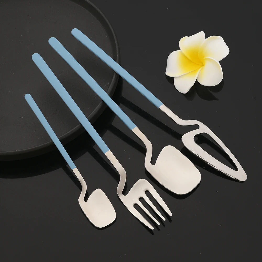 Beautiful Silverware Blue And Silver Stainless Steel Spoons Fork And Knife In Surreal Style Home Decor