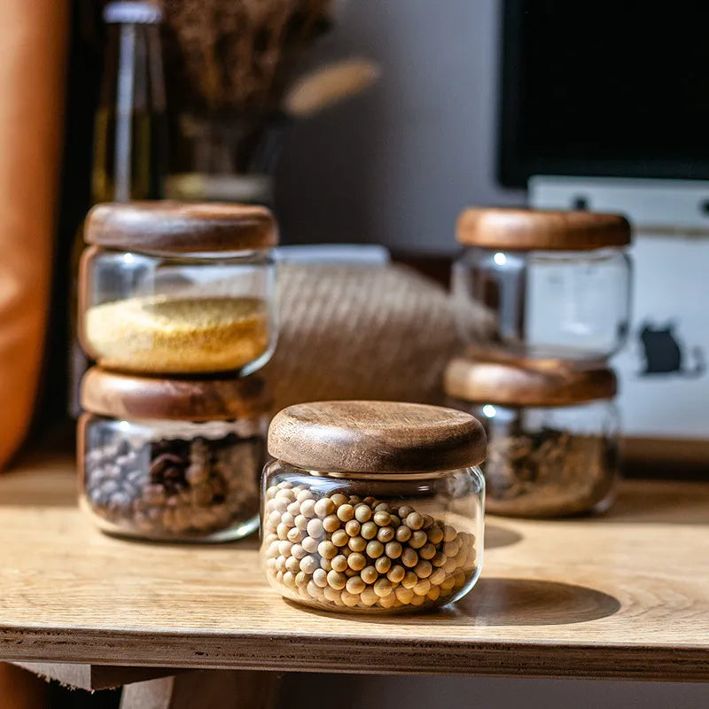 Glass Jars With Acacia Wood Lids For Dry Food Storage