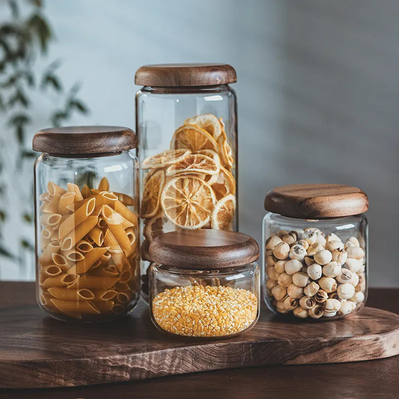 Glass Jars For Dry Goods Decorative Organic Style Kitchen Decor Acacia Wood And Glass Sealable Food Storage Jars From The Wilder Collection