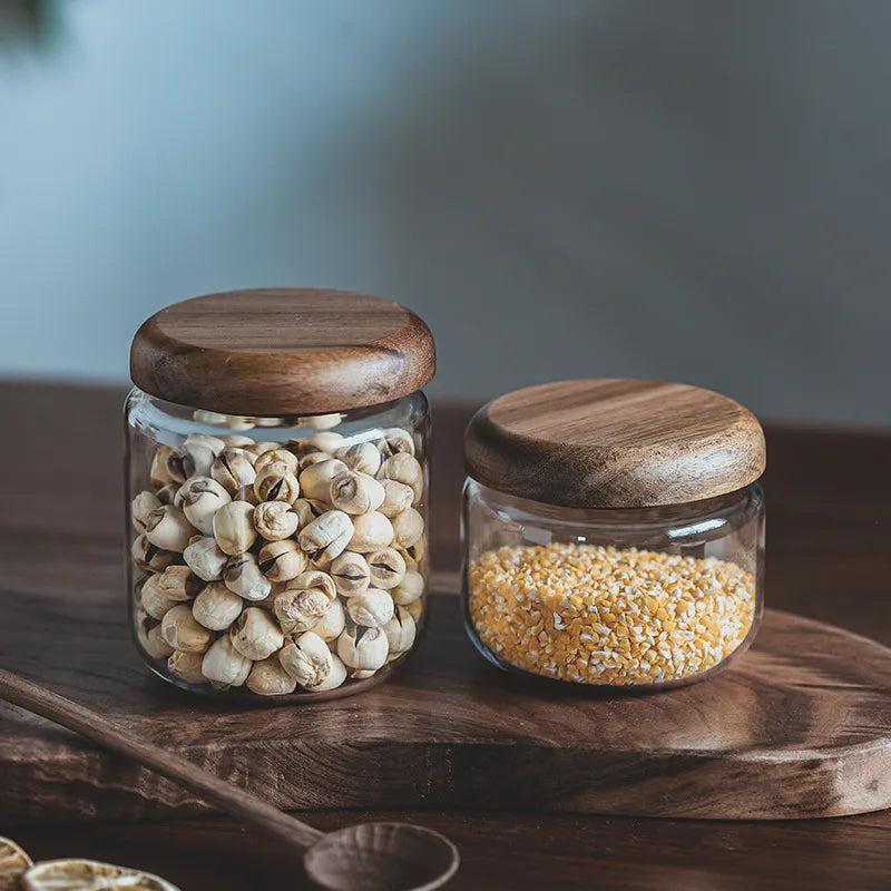Glass sealed acacia wood jars with lids with small spoons