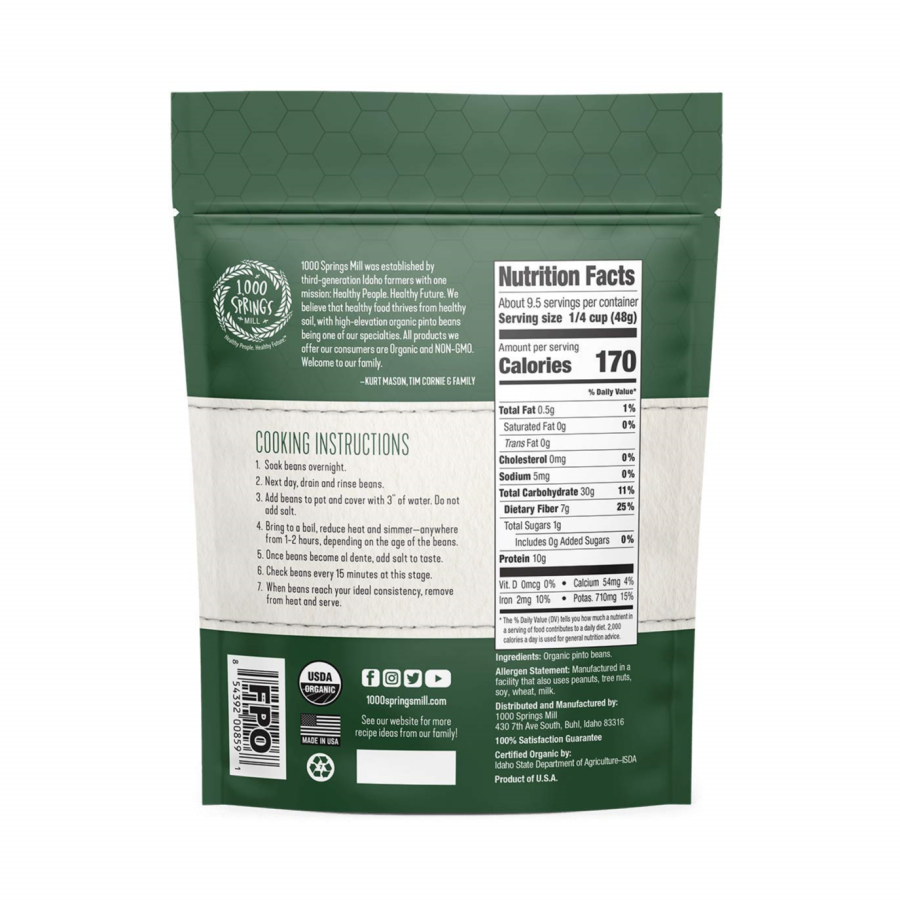 1000 Springs Mill Organic Pinto Beans 16oz Back of Bag