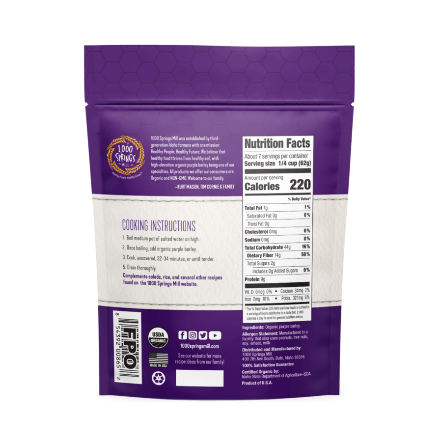 1000 Springs Mill Organic Purple Barley 16oz Back of Bag