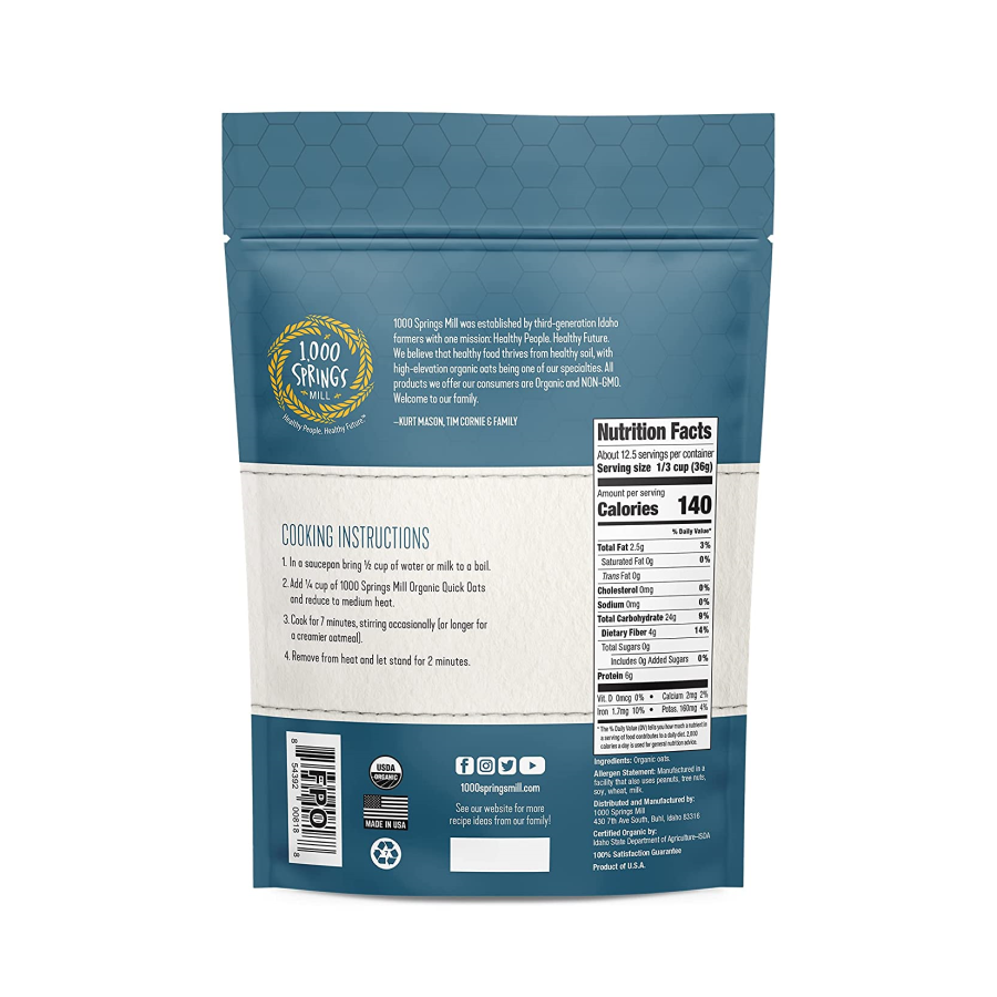 1000 Springs Mill Organic Quick Oats 16oz Back of Bag