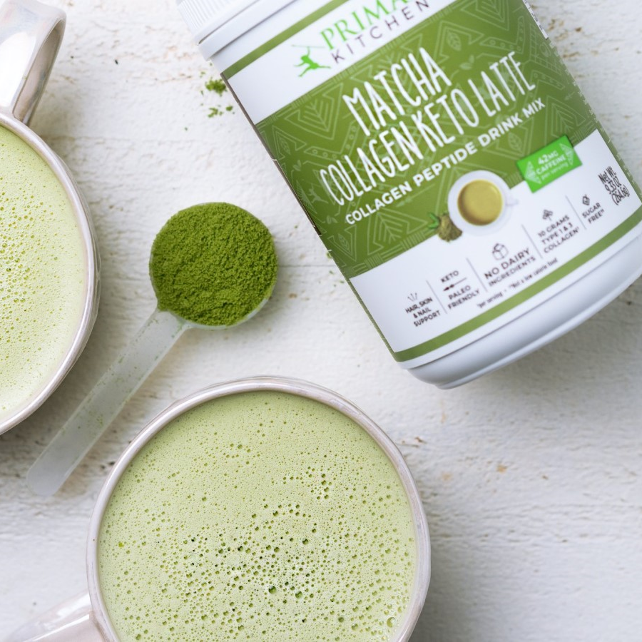 Scoop Of Green Organic Matcha Powder Collagen Peptide Drink Mix Mugs Full Of 2 Ingredient Matcha Keto Latte With Collagen Recipe Primal Kitchen