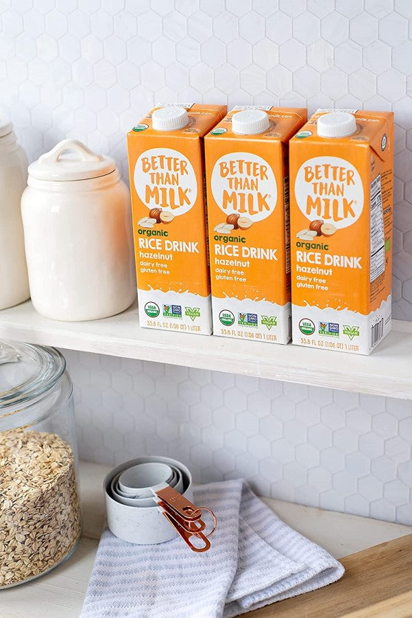 Three Recyclable Boxes Of Dairy Free Hazelnut Rice Milk Drink Better Than Milk Shelf Stable Brand