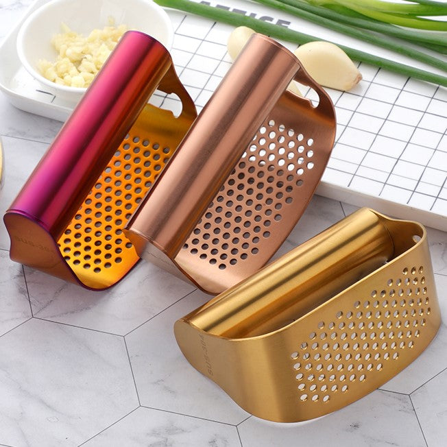 Three Beautiful Kitchen Tools Sunset Color Pink Rose Gold And Yellow Gold Stainless Steel Metal Curved Garlic Rocker Presses With Bottle Openers