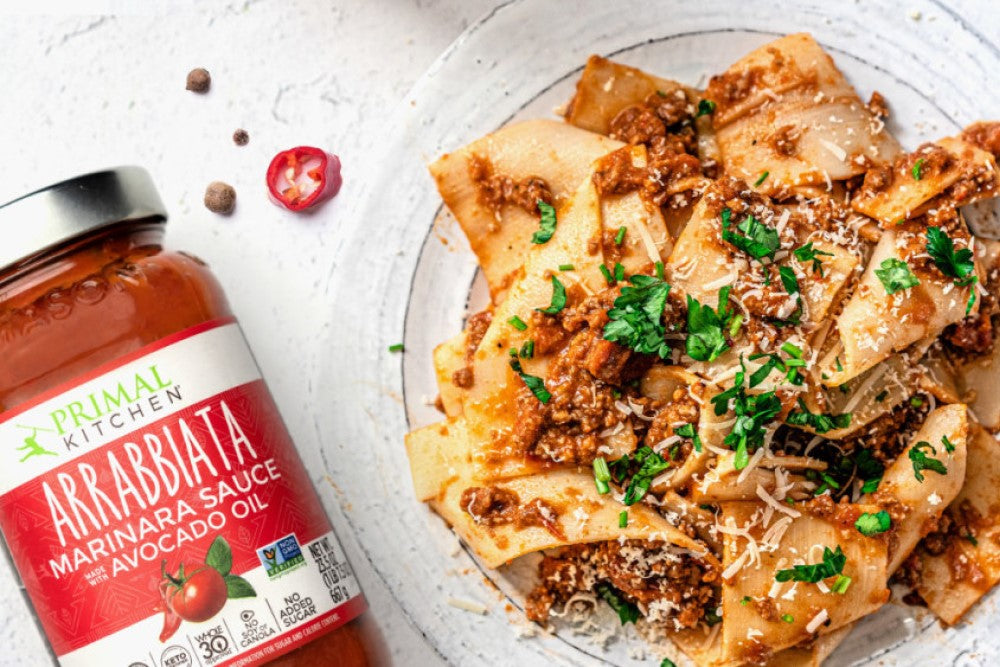 5 Ingredient Pappardelle With Spicy Arrabbiata Meat Sauce Primal Kitchen Recipe