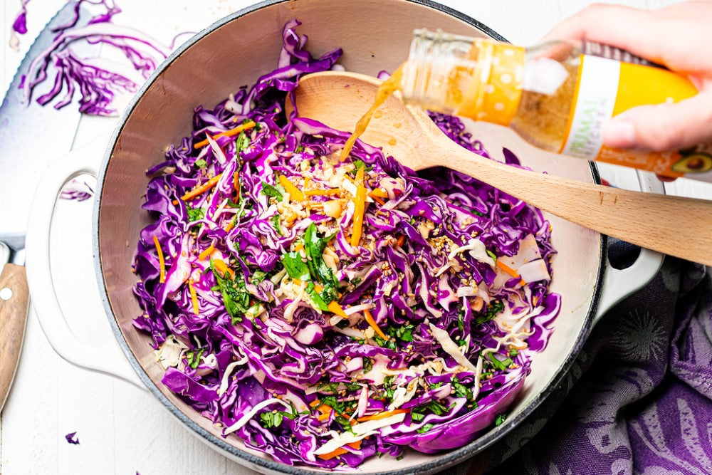 Colorful 5 Minute No Cook Asian Slaw With Ginger Sesame Vinaigrette Dressing From Primal Kitchen