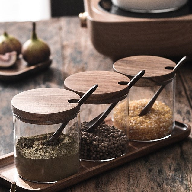 Acacia Wood & Glass Jar Set With Tray